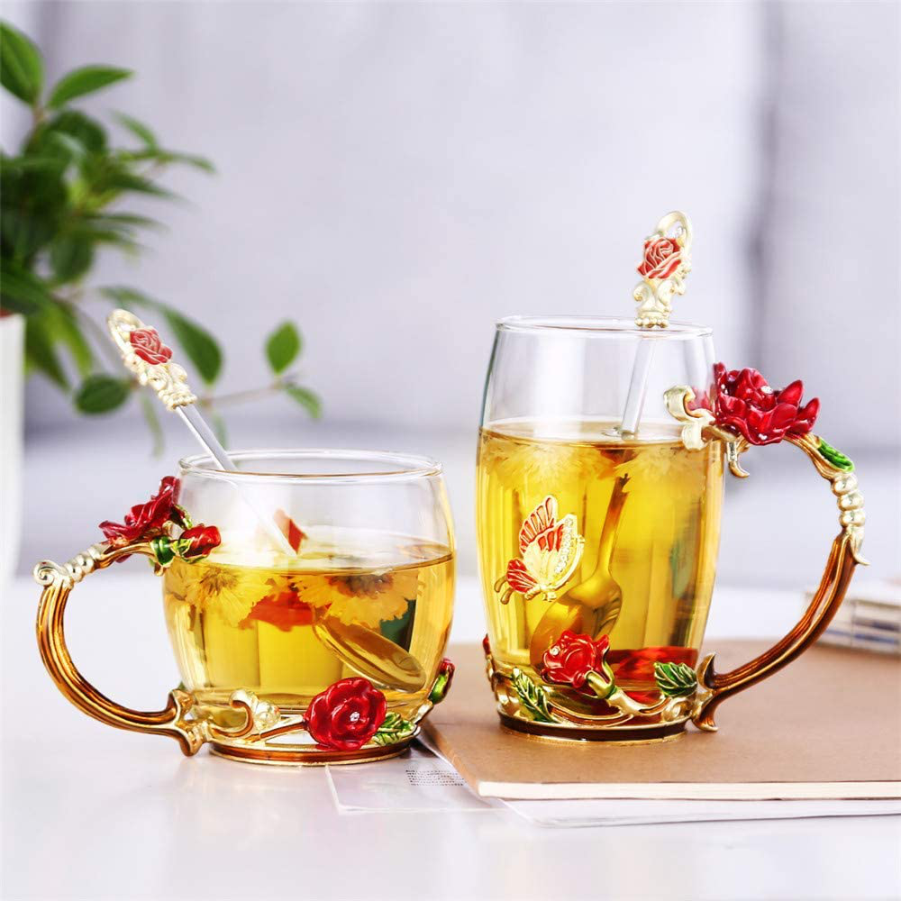 Luka Tech Enamels Butterfly flower Lead-free Glass Coffee Mugs Tea Cup with Steel Spoon, personalised Gifts For Women Wife Mom Friends Birthday Mothers Valentines Day Wedding (Blue-Tall)