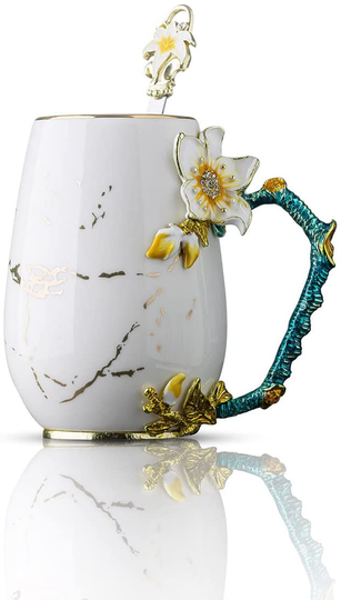 Luka Tech Enamels Butterfly flower Ceramic Coffee Mugs Tea Cup with Steel Spoon, personalised Gifts For Women Wife Mom Friends Birthday Mothers Valentines Day Wedding (White)