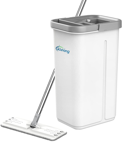 oshang Flat Mop and Bucket OG4, Hands Free Floor Flat Mop, Stainless-Steel Handle, 6 Washable & Reusable Microfiber Pads