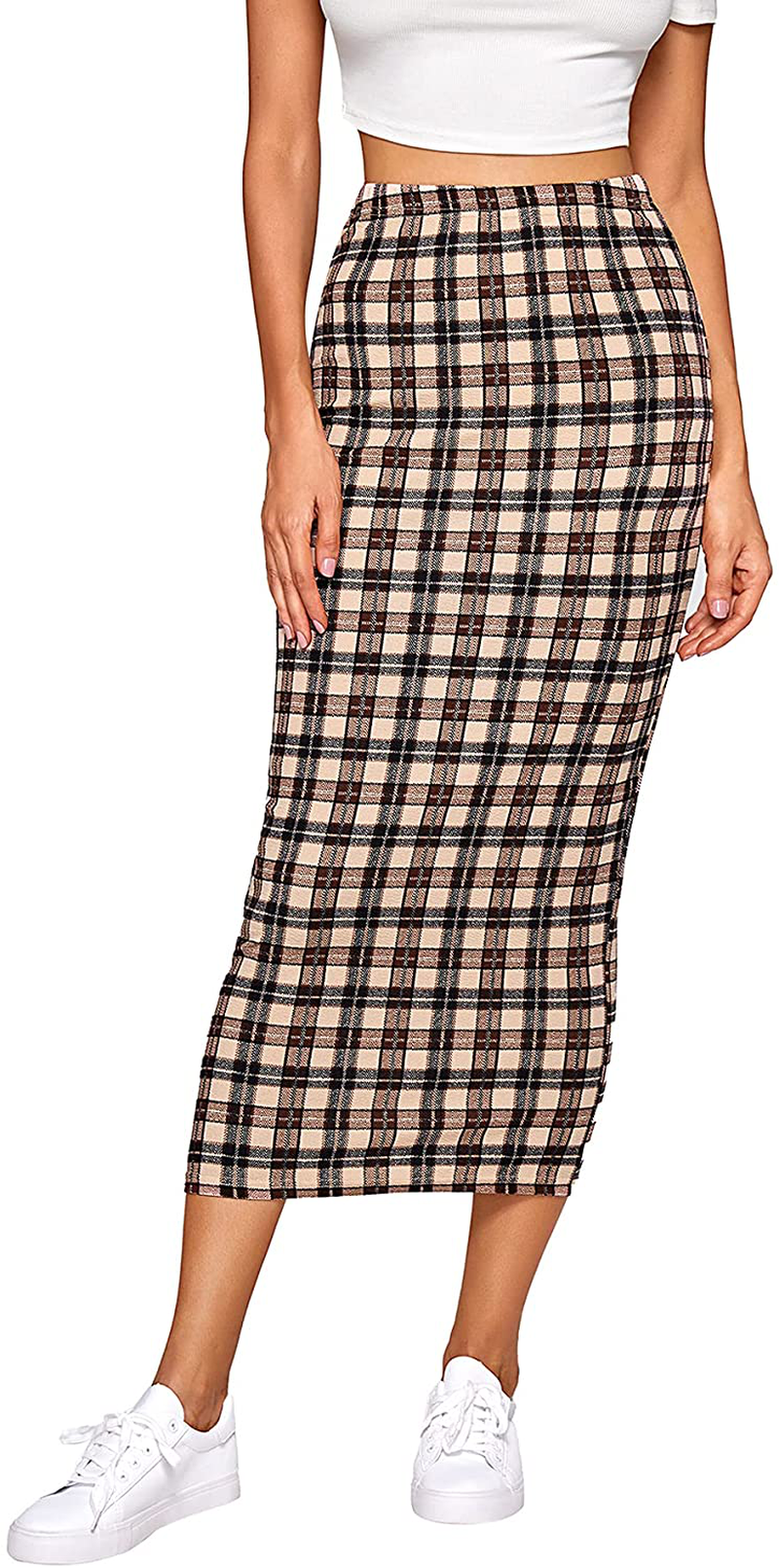 Verdusa Women's Elegant Plaid Elastic Waist Bodycon Midi Skirt