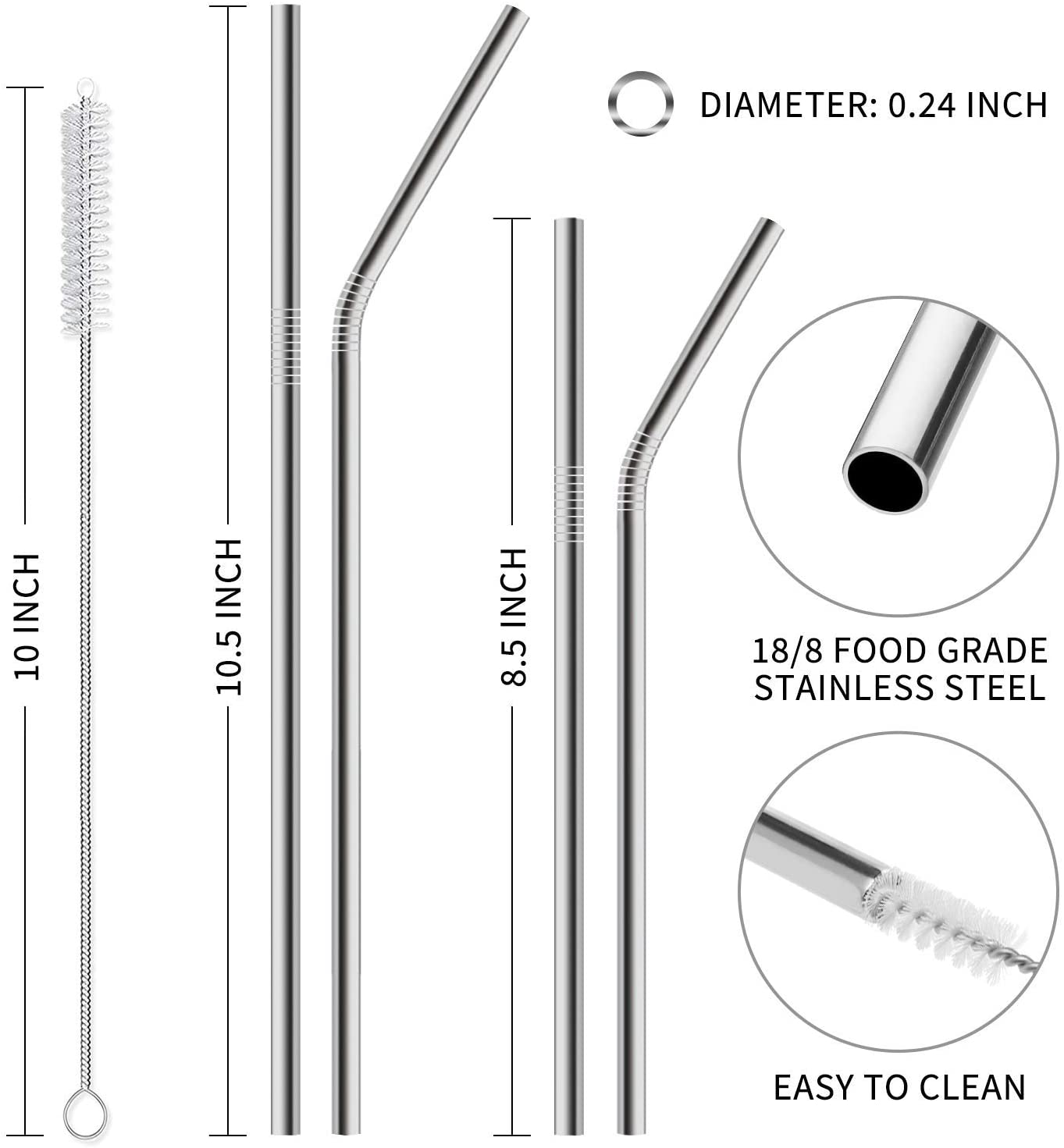 Hiware 12-Pack Reusable Stainless Steel Metal Straws with Case - Long Drinking Straws for 30 oz and 20 oz Tumblers Yeti Dishwasher Safe - 2 Cleaning Brushes Included