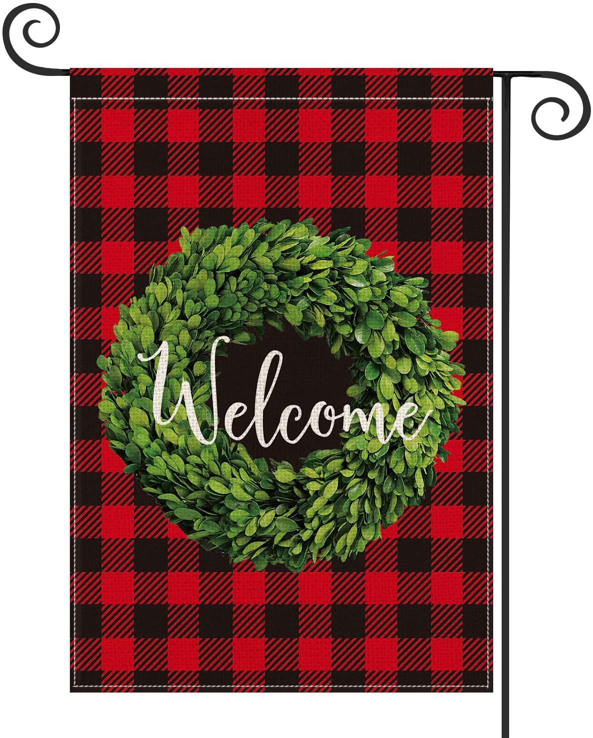 AVOIN Fall Boxwood Wreath Welcome Garden Flag Vertical Double Sided, Buffalo Check Plaid Rustic Farmhouse Flag Yard Outdoor Decoration 12.5 x 18 Inch