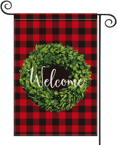 AVOIN Fall Boxwood Wreath Welcome Garden Flag Vertical Double Sided, Buffalo Check Plaid Rustic Farmhouse Flag Yard Outdoor Decoration 12.5 x 18 Inch