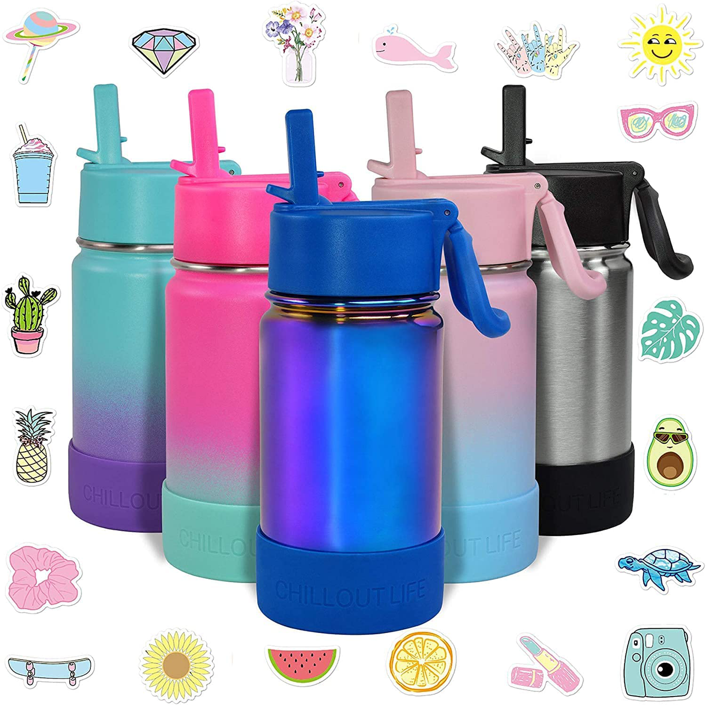CHILLOUT LIFE 17 oz Insulated Water Bottle with Straw Lid for Kids and Adult + 20 Cute Waterproof Stickers - Perfect for Personalizing Your Kids Metal Water Bottle