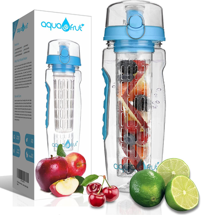 AquaFrut 32 OZ Fruit Infuser Water Bottle BPA-Free Fruit Infusion Sports Bottle - Flip Top Lid w Drinking Spout, Leak Proof, Made of Durable Tritan. Free Recipe eBook! (Teal)