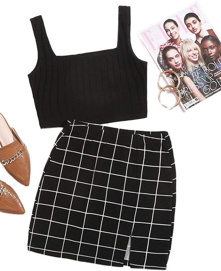Milumia Women 2 Pieces Outfit Ribbed Knit Crop Tank Top and Plaid Mini Skirt Set