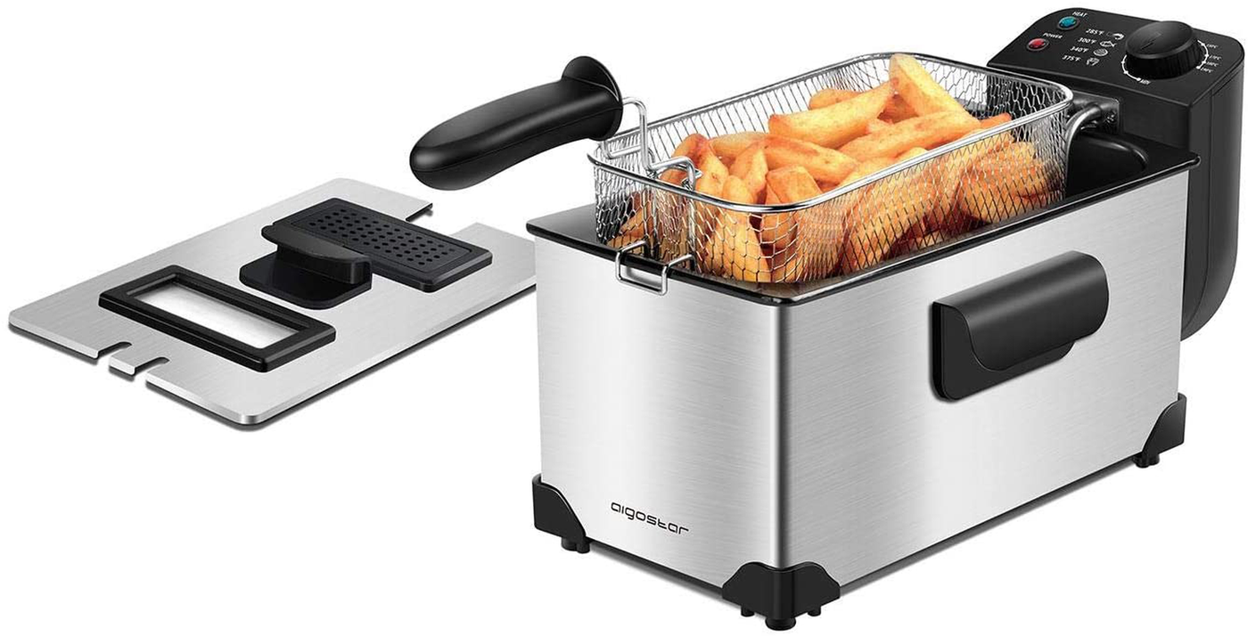 Aigostar Deep Fryer with 3 Baskets and Lid, Electric Deep Fat Fryers with Timer and Temperature, 4.2Qt Oil Large Capacity, ETL Certificated, 1650W