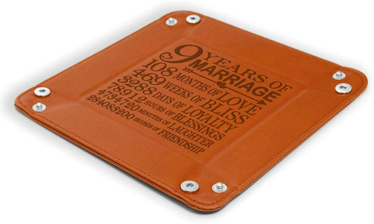 KATE POSH 9 Years of Marriage Engraved Leather Catchall Valet Tray, Our 9th Wedding Anniversary, 9 Years as Husband & Wife, Gifts for Her, for Him, for Couples (Rawhide)