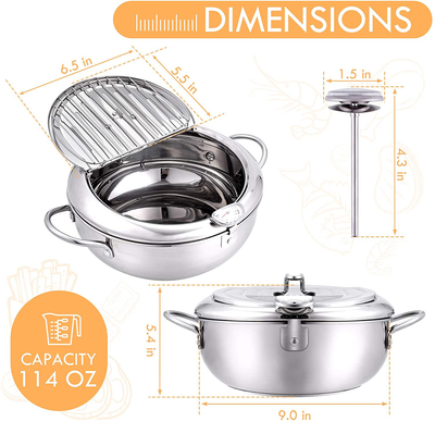 Deep Fryer Pot,304 Stainless Steel with Temperature Control and Lid Japanese Style Tempura Fryer Pan Uncoated Fryer Diameter: 11"