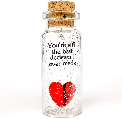 Heart and Message in a Bottle Love Present, Romantic Decoration for Boyfriend or Girlfriend, Anniversary Wish Jar with Card (Red Heart in a Bottle, You're Still the Best Decision I Ever Made)