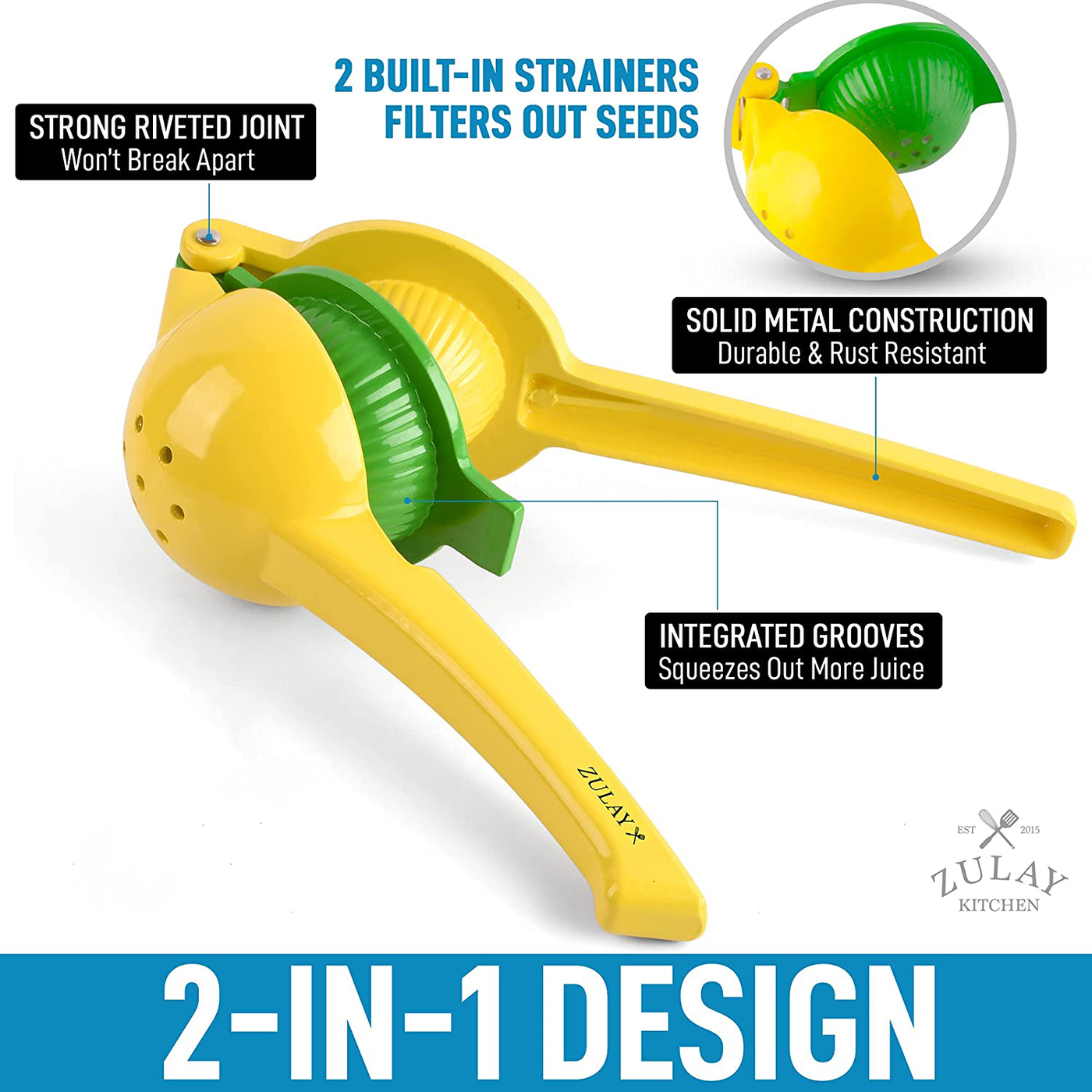 Zulay Metal 2-In-1 Lemon Lime Squeezer - Hand Juicer Lemon Squeezer - Max Extraction Manual Citrus Juicer (Vibrant Yellow and Blue Atoll)