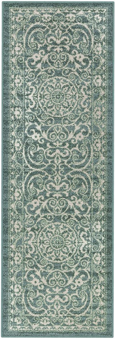 Maples Rugs Pelham Vintage Runner Rug Non Slip Washable Hallway Entry Carpet [Made in USA], 1'8 x 5, Light Spa