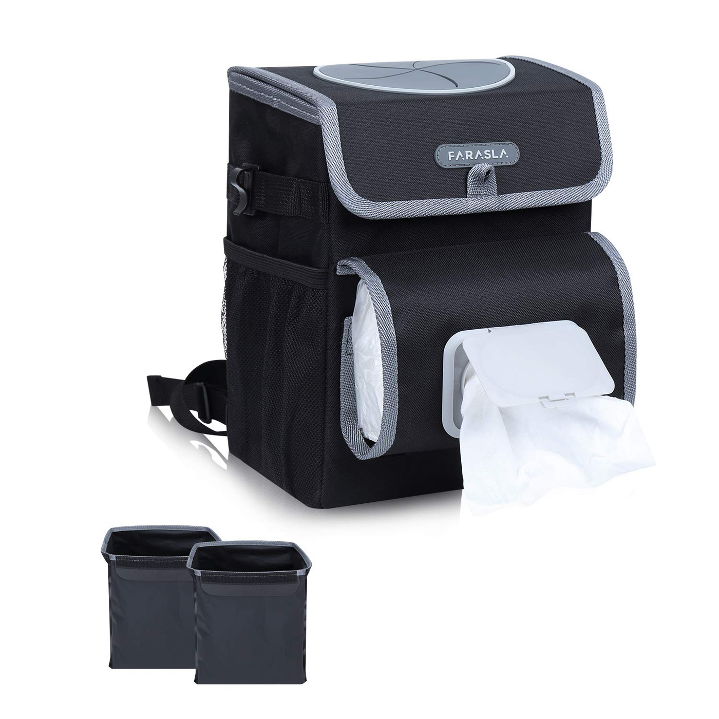 Farasla All-in-One Car Trash Can with 2 Removable Leakproof Interior Liners, Adjustable Tissue Holder & Straps