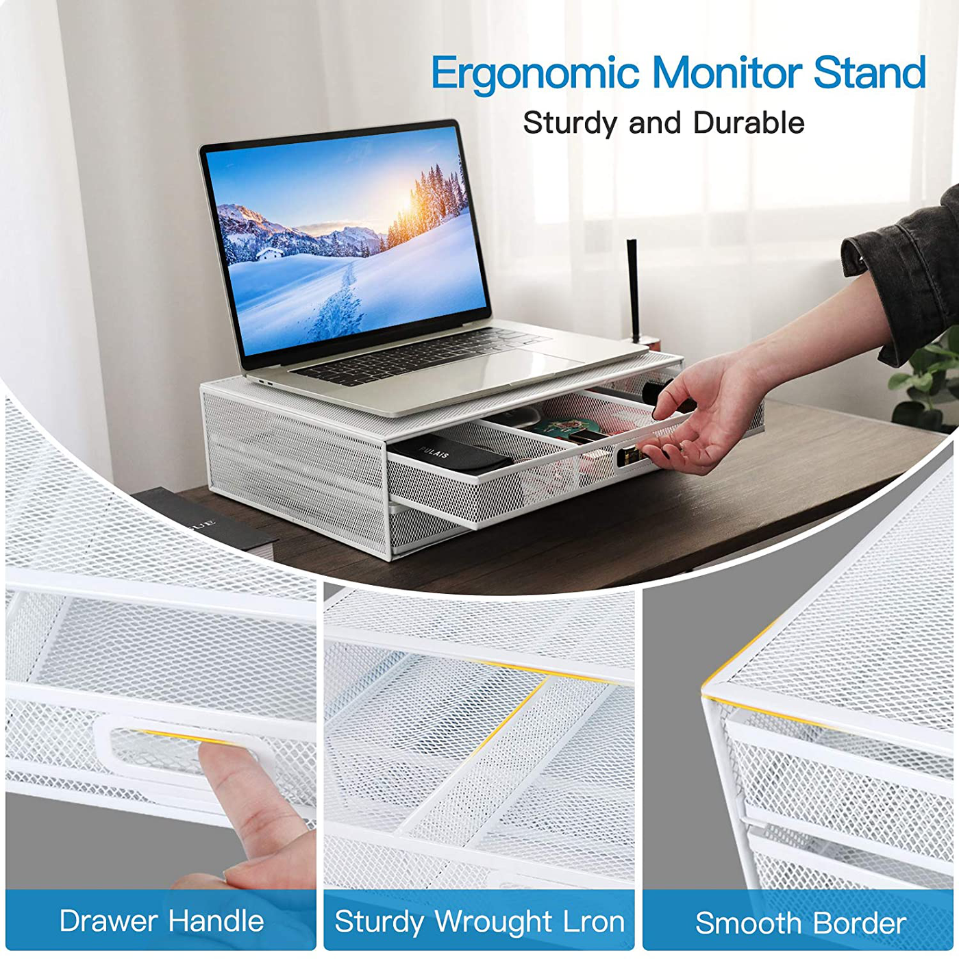 HUANUO Monitor Stand Riser with Drawer - Mesh Metal Desk Organizer PC, Laptop, Notebook, Printer Holder with Pull Out Storage Drawer (White)