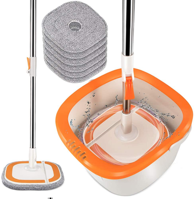 360 Self-Wringing 2 in 1 Spin Mop and Bucket System with Wringer,Comb,6PCS Reusable Washable Refills,Telescopic Handle for Most Types Floors Cleaning
