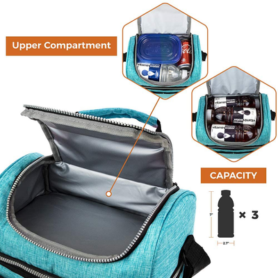 Insulated Dual Compartment Lunch Bag for Men, Women | Double Deck Reusable Lunch Box Cooler with Shoulder Strap, Leakproof Liner | Medium Lunch Pail for School, Work, Office (Black)