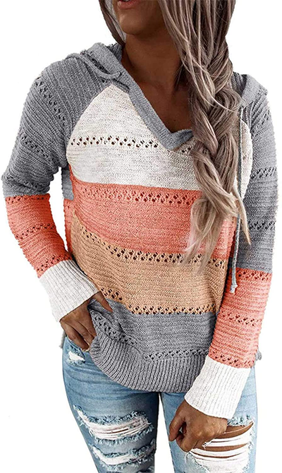 MAYFASEY Women's Color Block Striped Hoodies Sweater Long Sleeve Casual Loose Knitted Pullover Sweatshirt Tops