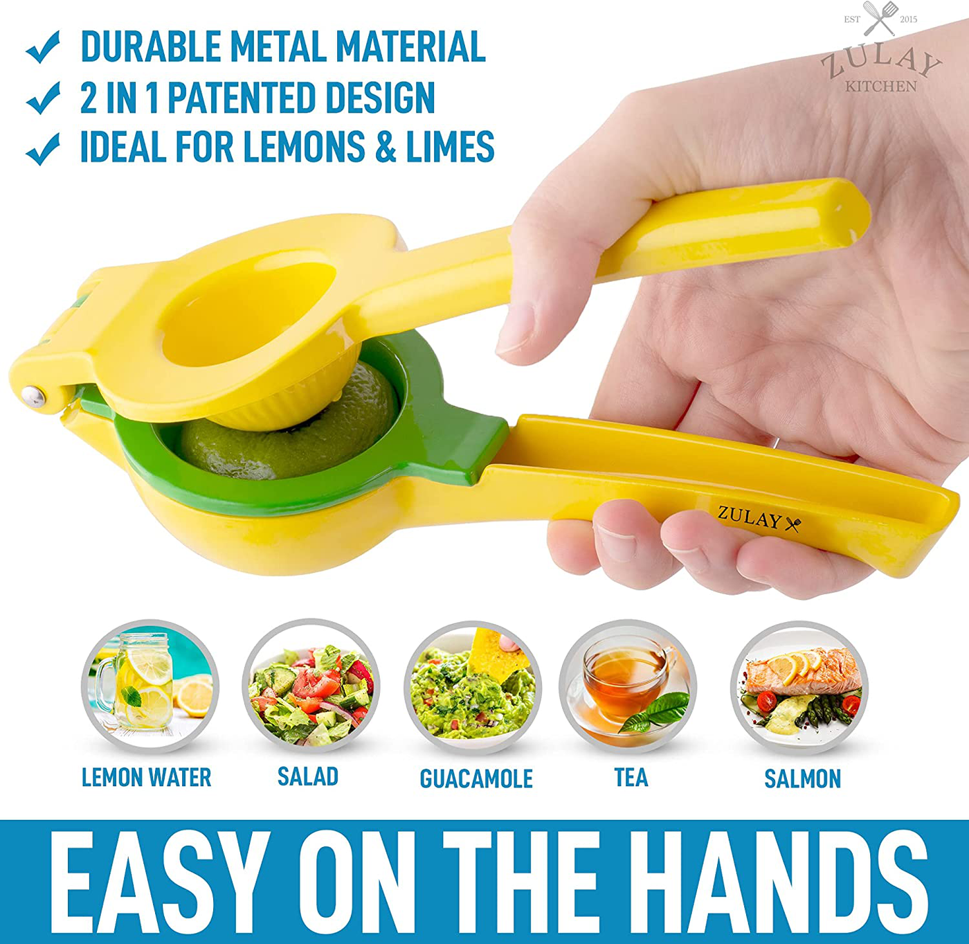 Zulay Metal 2-In-1 Lemon Lime Squeezer - Hand Juicer Lemon Squeezer - Max Extraction Manual Citrus Juicer (Vibrant Yellow and Blue Atoll)