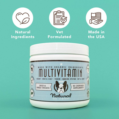 Natural Dog Company Multivitamin Supplement with Turmeric and Fish Oil, 35 Essential Vitamins & Nutrients, Immune System, Skin & Coat, and Hip & Joint Support, Duck & Sweet Potato Flavor, 90 Chews