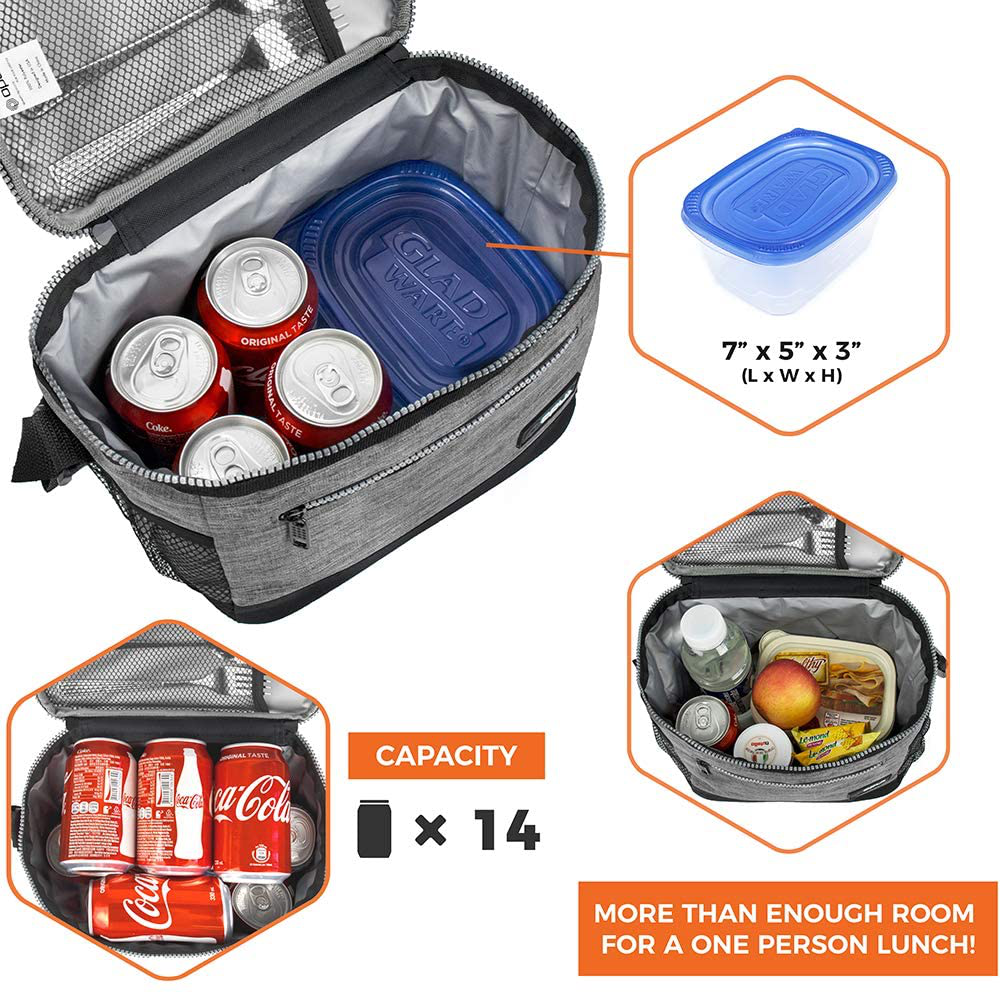 OPUX Insulated Lunch Box for Men Women, Leakproof Thermal Lunch Bag for Work, Reusable Lunch Cooler Tote, Soft School Lunch Pail for Kids with Shoulder Strap, Pockets, 14 Cans, 8L, Heather Grey