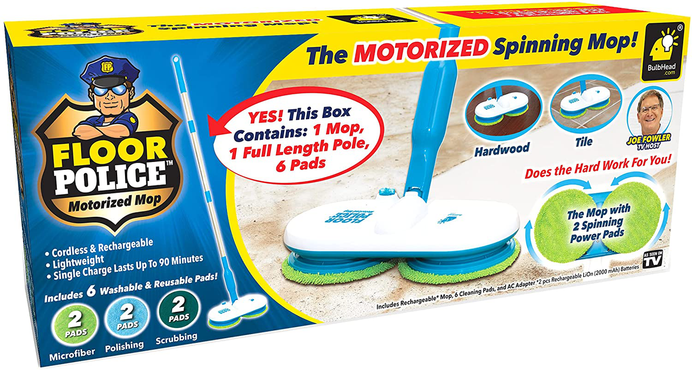 Original As Seen On TV Floor Police Mop with Motorized Dual Spinning Mopheads & 6 Unique Cleaning Pads by BulbHead, Lightweight, Rechargeable & Cordless, Great Hardwood Floor and Tile Cleaner