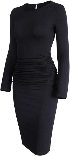 Missufe Women's Long Sleeve Ruched Casual Sundress Midi Bodycon Sheath Dress