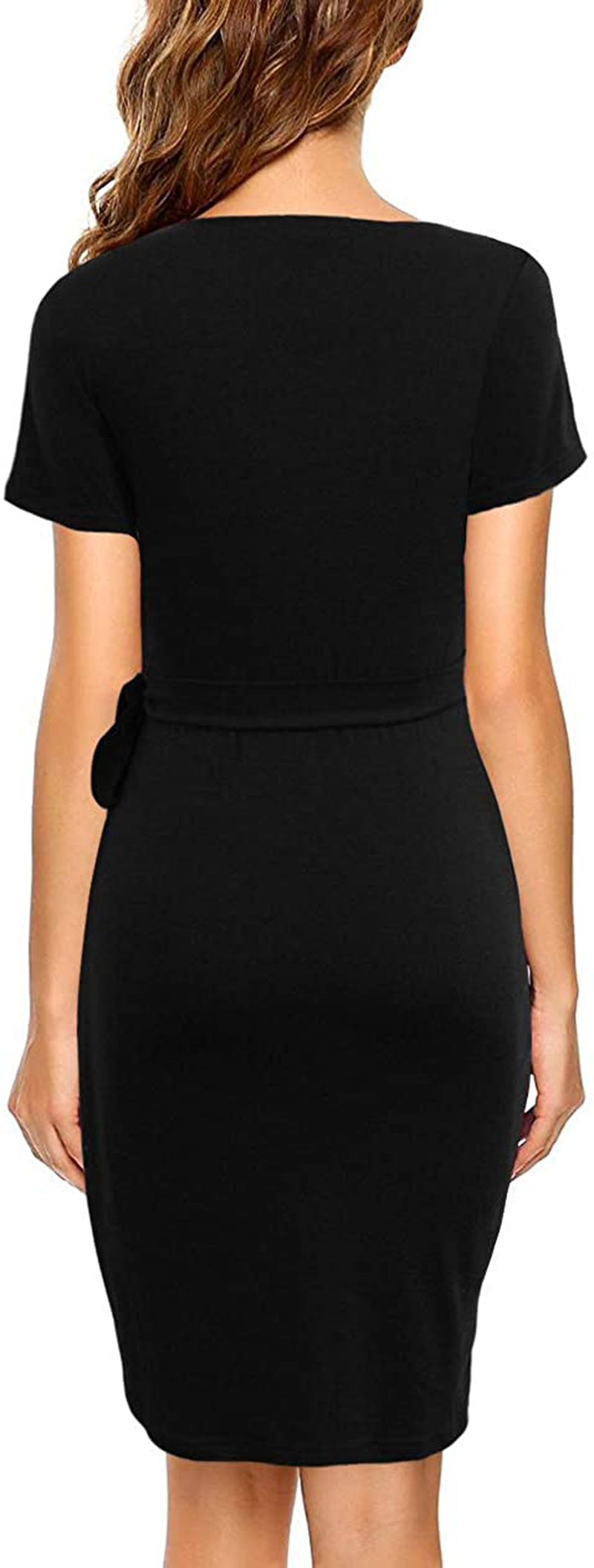 Lyrur Women's Classic V-Neck Casual Party Knee Length Sheath Work Short Sleeve Faux Black Wrap Dress