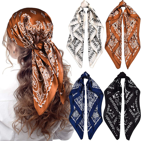 4 Pieces 27 Inch Satin Headband Scarves Silk Feeling Bandana Boho Head Scarves for Women Girls (Classic Pattern)