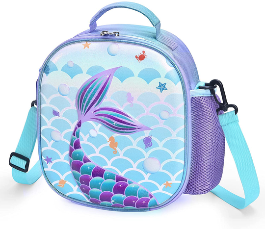 Mermaid Lunch Bag - 3D Insulated Lunch Box for Girls School Picnic Shopping Lunch Shiny Crossbody Waterproof Reusable Lunch Thermal Tote Handbag with Detachable Strap