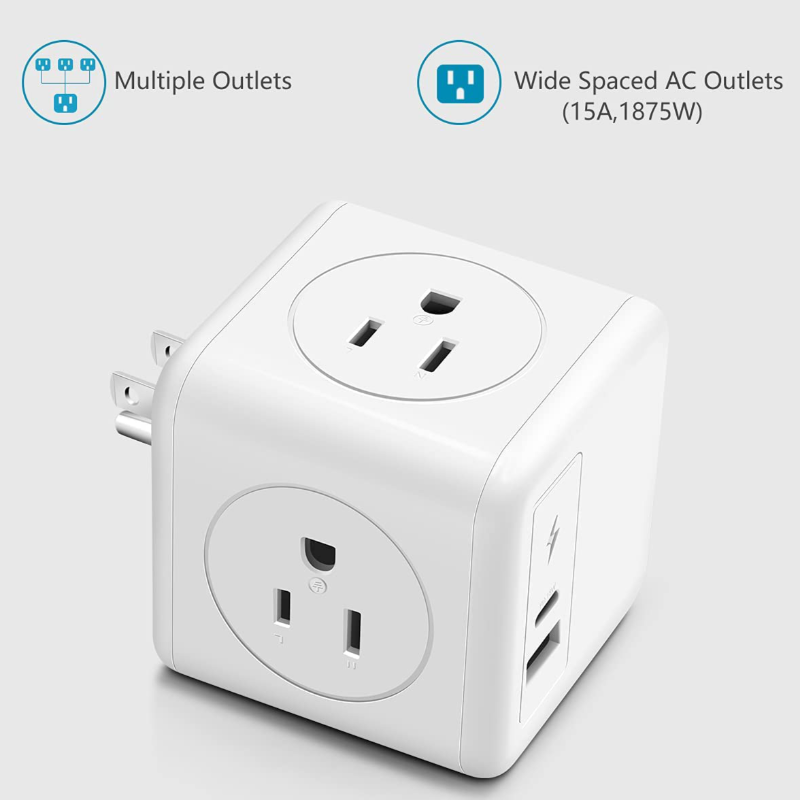 USB Outlet Extender with 2 USB Ports (1 USB C)