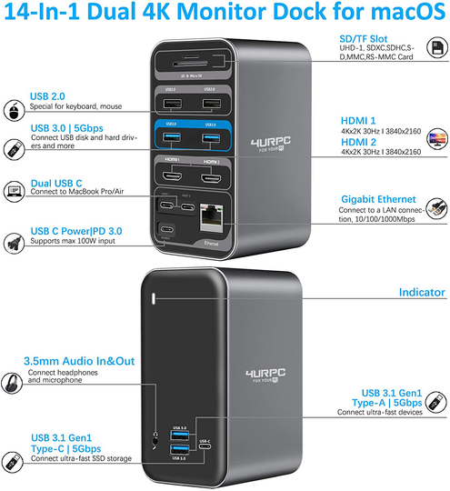 4URPC MacBook Pro Docking Station Dual Monitor HDMI 4K, 14-IN-2 USB C Triple Display Laptop Docking Station for MacBook Pro Air - 2x 4K HDMI, 6xUSB, SD TF Reader, RJ45 Ethernet, 3.5mm Audio/Mic, PD3.0