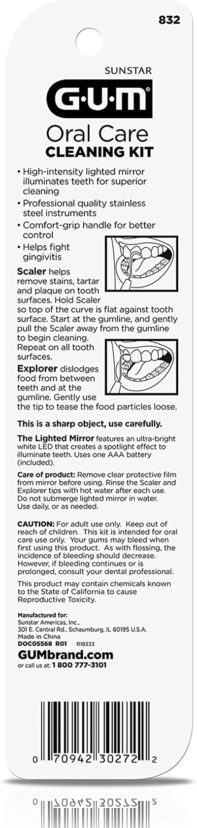 GUM - 832RB Oral Care Cleaning Kit - Lighted Mirror, Explorer Pick, and Scaler
