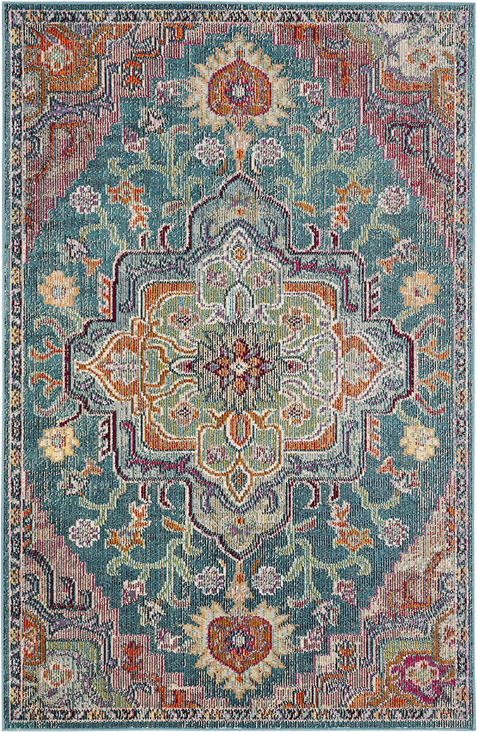 Safavieh Crystal Collection CRS501T Boho Chic Oriental Medallion Distressed Non-Shedding Stain Resistant Living Room Bedroom Area Rug, 2'2" x 5', Teal / Rose