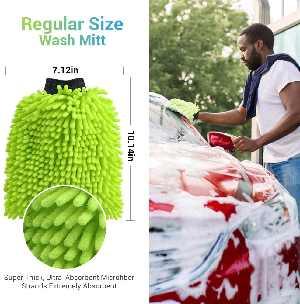 AIDEA Car Wash Mitt Microfiber, 2PK-Scratch & Lint Free, Premium Chenille Microfiber Wash Mitt-Green Regular Size (7.12''X10.14'')