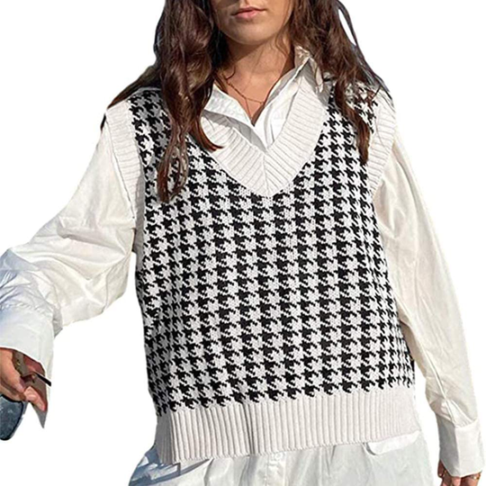 Jlihang Oversized Houndstooth Knitted Vest Sweater Vintage V Neck Loose Sleeveless Sweater