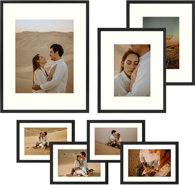 Frametory, Aluminum Picture Frames Set of 7 - Rose Gold Gallery Wall Kit - Displays One 11x14, Two 8x10, and Four 5x7 inch Photos for Home Decoration