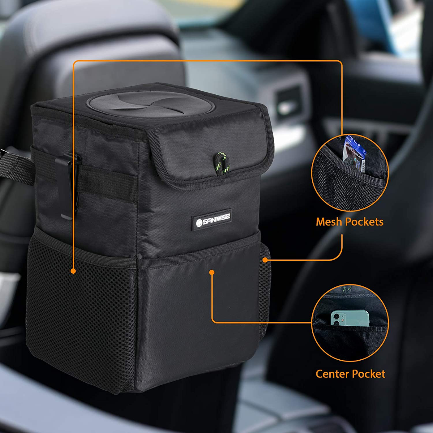 Car Trash Can with Lid and Storage Pockets, SANIWISE Automotive Garbage Can Hanging Wastebasket Waterproof Collapsible, Interior Organizer Console Backseat