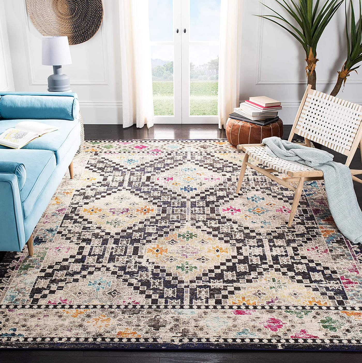 Safavieh Madison Collection MAD418Z Boho Diamond Distressed Non-Shedding Living Room Bedroom Dining Home Office Area Rug, 5'3" x 7'6", Black / Yellow