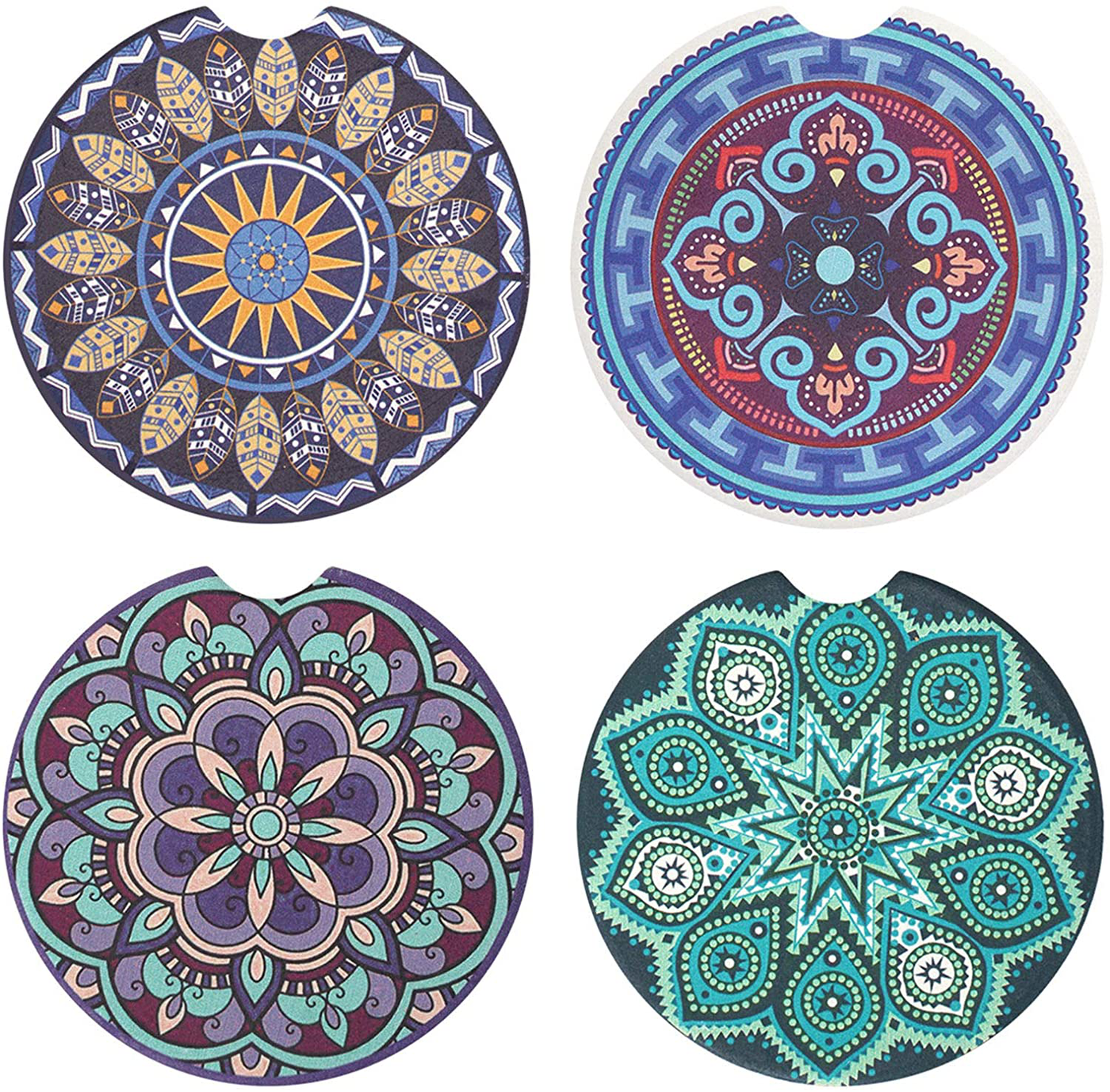 Vaincre 4 Pack 2.56 inch Car Coasters for Drinks Absorbent, Mandala Ceramic Car Cup Holder Coaster for Your Car with Fingertip Grip, Removable Cute Auto Accessories, Keep Car Clean for Women & Girls