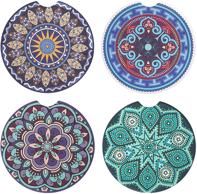 Vaincre 4 Pack 2.56 inch Car Coasters for Drinks Absorbent, Mandala Ceramic Car Cup Holder Coaster for Your Car with Fingertip Grip, Removable Cute Auto Accessories, Keep Car Clean for Women & Girls