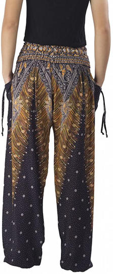 Lannaclothesdesign Women's Smocked Waist Peacock Print Harem Pants Hippie Bohemian Style