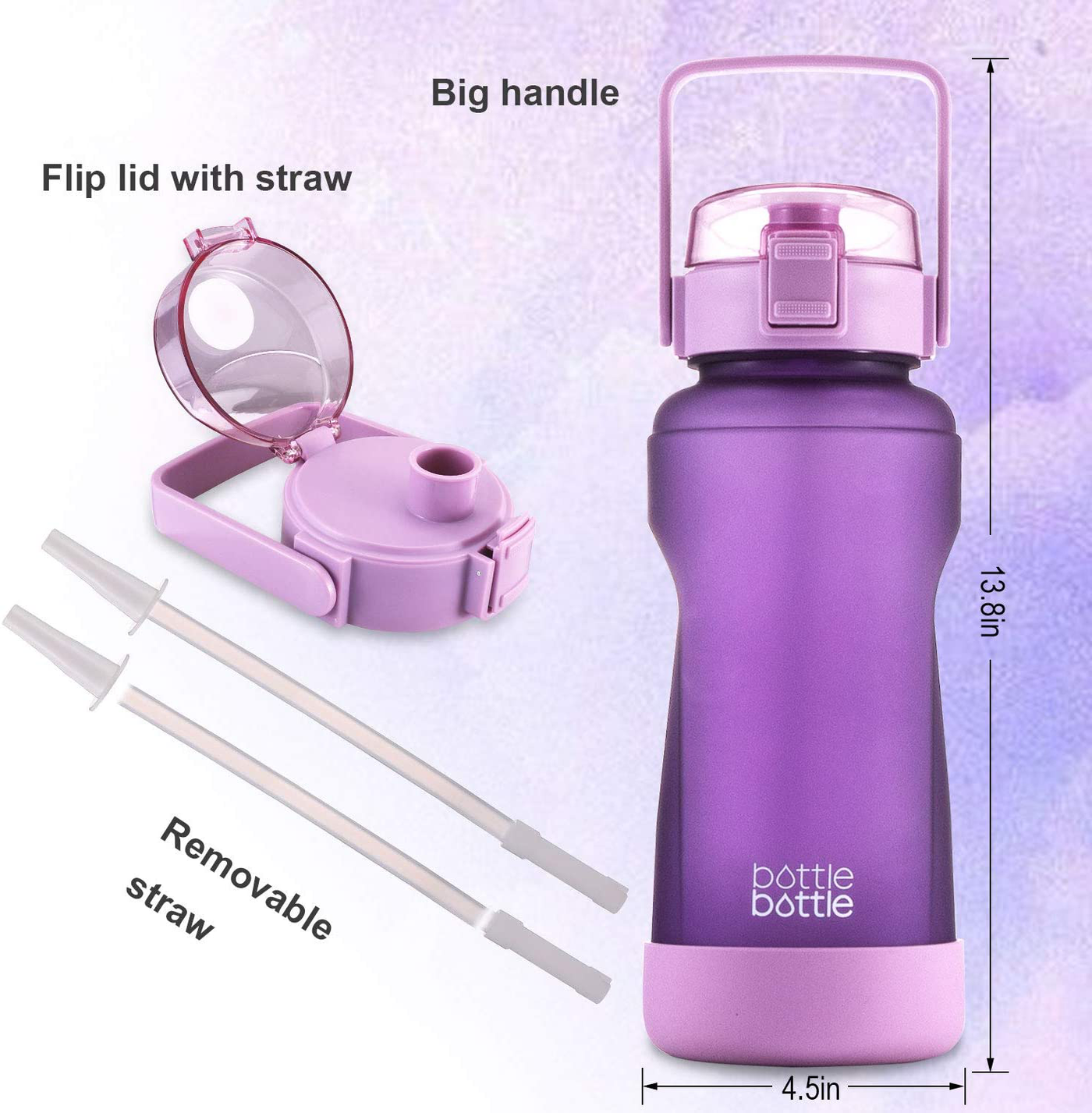 BOTTLE BOTTLE Half Gallon Water Bottle with Time Marker and Straw Workout Leak-proof Water Bottle for Adults and Kids 64oz Water Chug Jug with Protective Silicone Boot (Purple)