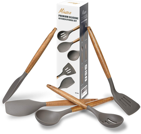 Miusco Non-Stick Silicone Cooking Utensils Set with Natural Acacia Hard Wood Handle, 5 Piece, Grey, High Heat Resistant