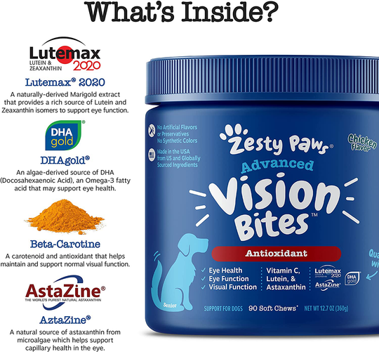 Zesty Paws Eye Supplement for Dogs - Vision Support with Lutein + Vitamin C & Astaxanthin Antioxidants - Dog Vitamins for Eyes + Fish Oil for Omega 3 EPA & DHA for Senior Dogs