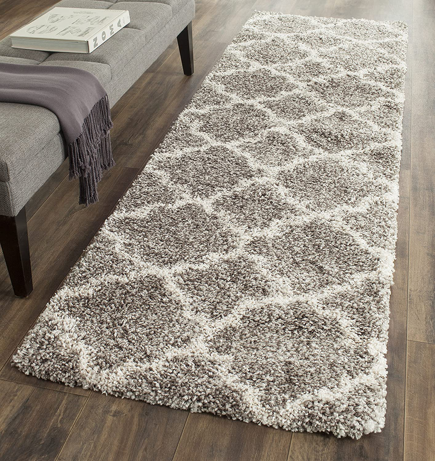 SAFAVIEH Hudson Shag Collection SGH282B Moroccan Trellis Non-Shedding Living Room Bedroom Dining Room Entryway Plush 2-inch Thick Runner, 2'3" x 12' , Grey / Ivory