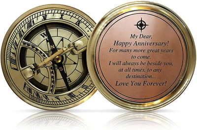 OakiWay Anniversary Brass Sundial Compass with Special Engraved Greeting - Romantic Gift Ideas for Him/Her - Husband Gifts from Wife, Aniversity Gifts for Men