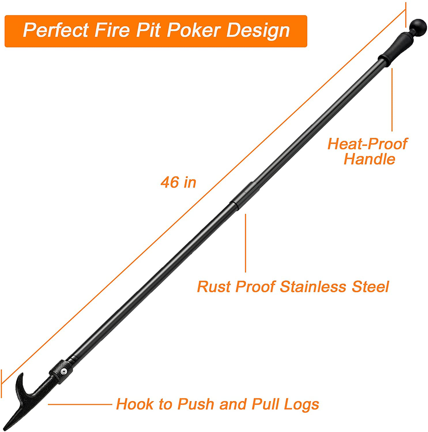 BsBsBest Fire Poker for Fire Pit, 46 Inch Extra Long Portable Campfire Poker for Fireplace, Camping, Wood Stove, Outdoor and Indoor Use, Rust Resistant Stainless Steel Black Finish