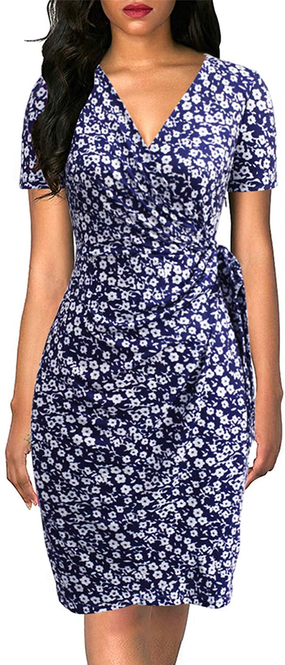 Lyrur Women's Classic V-Neck Casual Party Knee Length Sheath Work Short Sleeve Faux Black Wrap Dress