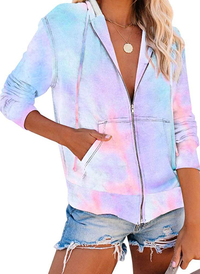 Women's Tie Dye Printed Zip Sweatshirts Long Sleeve Hoodies Pullover Top Casual Pullover Tops Shirts