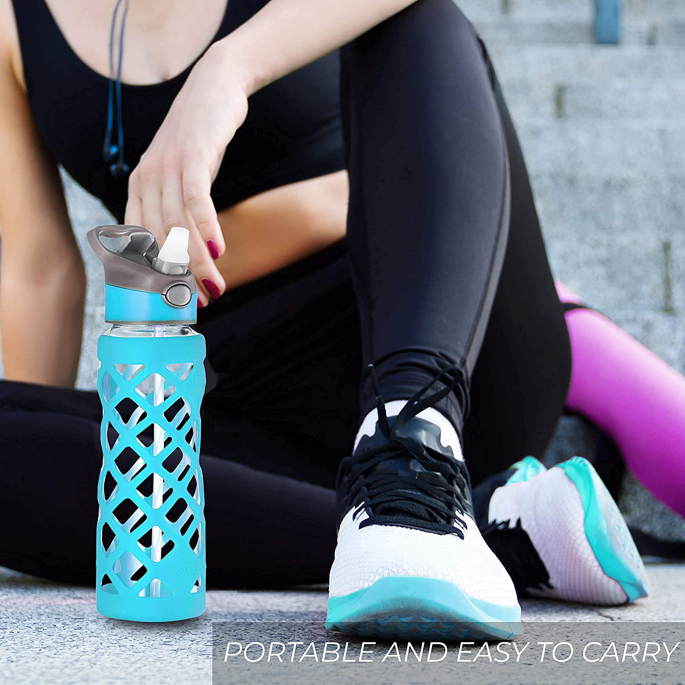 Clear Glass Bottles with Straw, 25 Oz Heat Resistant Glass Sports Bottles, Reusable Water Bottle, Tumbler with Silicone Sleeve, Blue by Swig Savvy